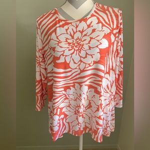Cathy Daniels 3/4 Sleeve Floral Print Knit Blouse - Coral/White